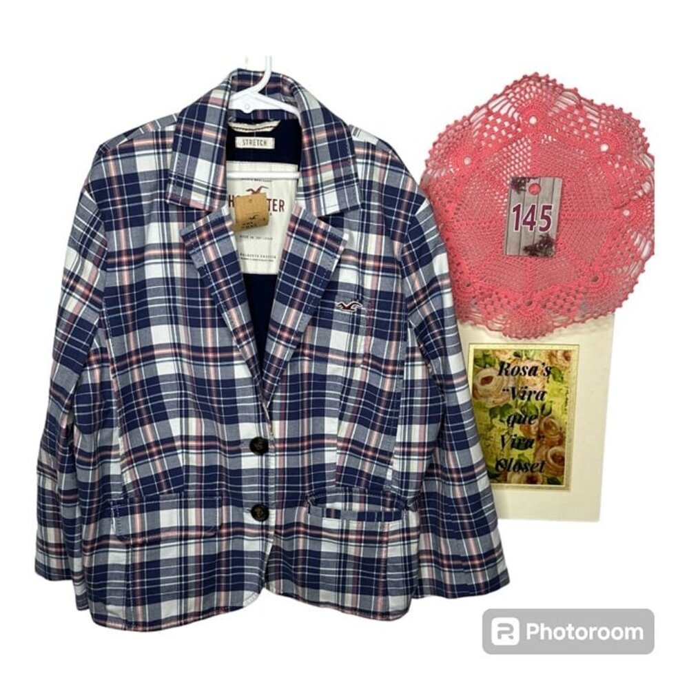 NWT Hollister Bettys Blue 2 Button Stretch Plaid Jacket Medium - Picture 1 of 8